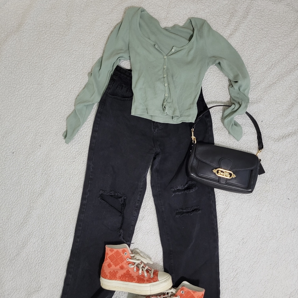 john galt/ brandy melville sage green long sleeve button top one size fits all